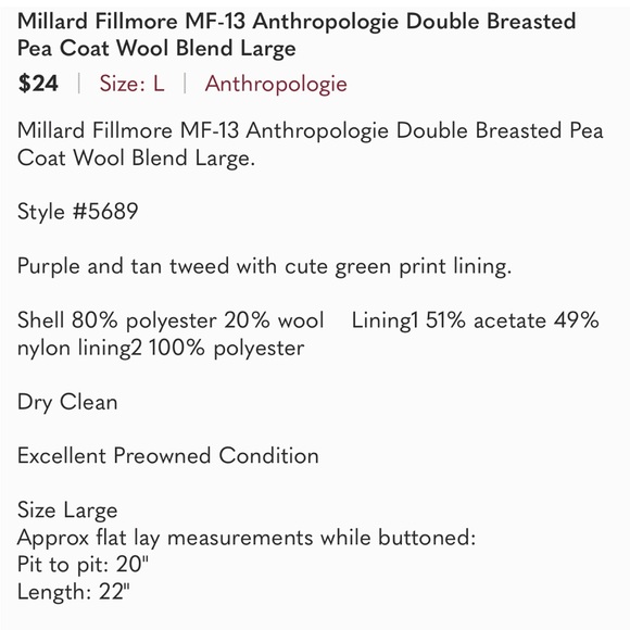 Millard Fillmore MF-13 Wool Blend Jacket Pea Coat - Picture 4 of 6